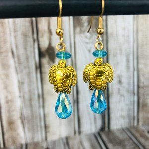 Teal Ocean Blue Crystal Dangle Sea Turtle Earrings